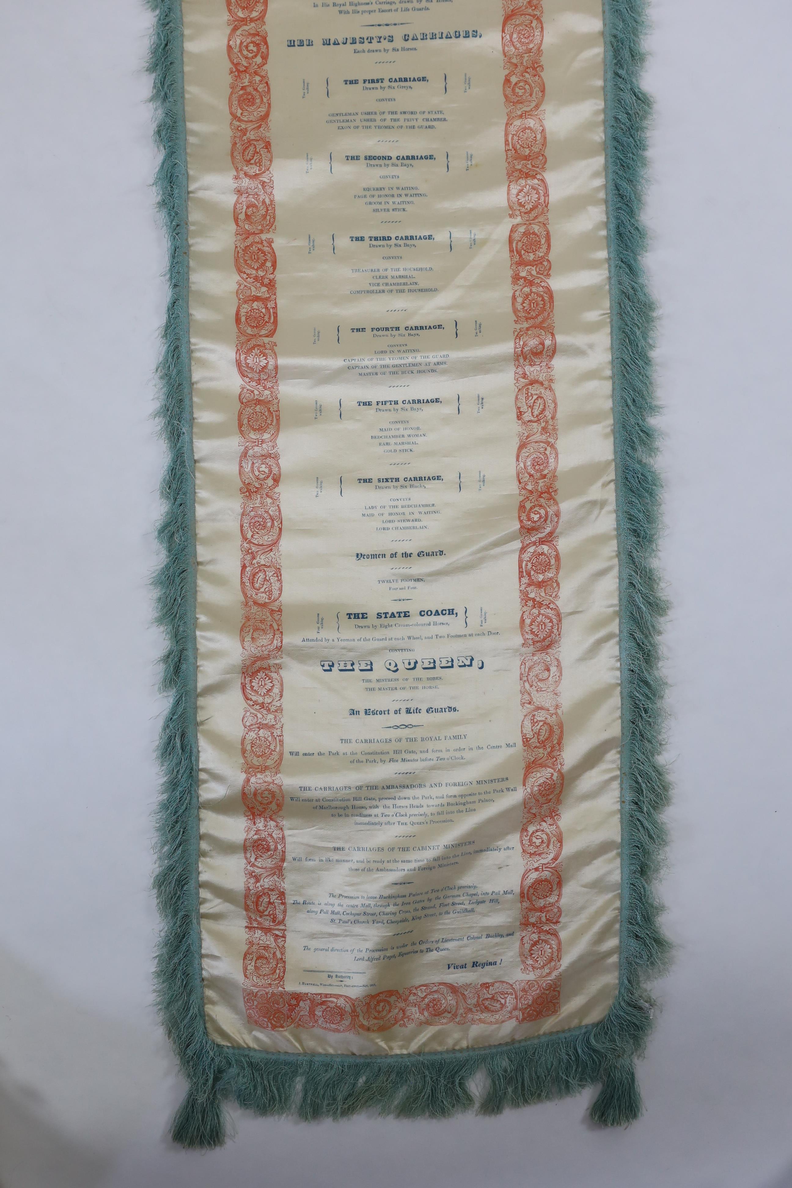 A silk banner; State Procession from Buckingham Palace to The Guildhall on the Ninth Day of November 1837. The day of Queen Victoria’s Coronation. Printed with the Royal Coat of Arms and a list of the guards, carriages a